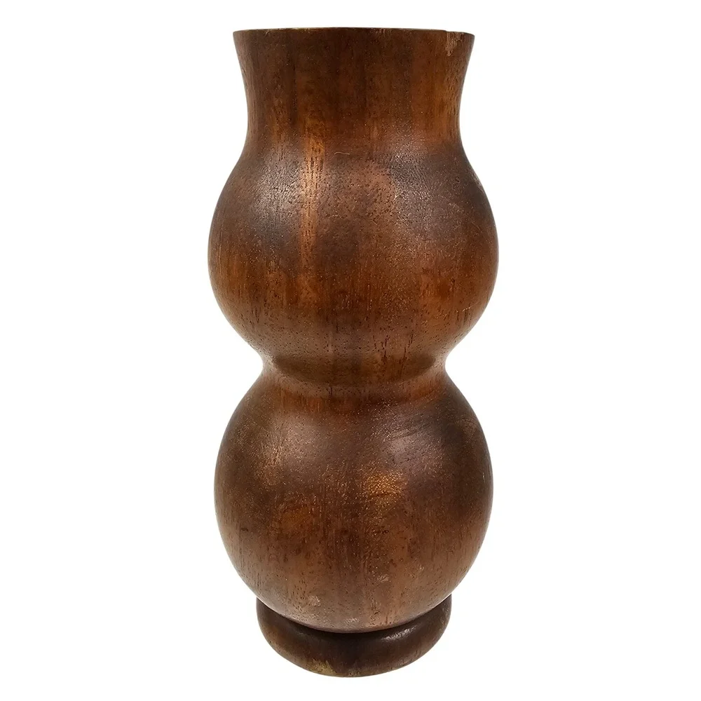 Vintage Hand Turned Solid Wood Vase‎ Double Bulbous Gourd Shape Dark Brown 9.5in
